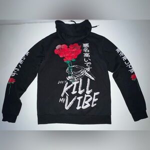 Black Graphic Hoodie with Red Rose Design